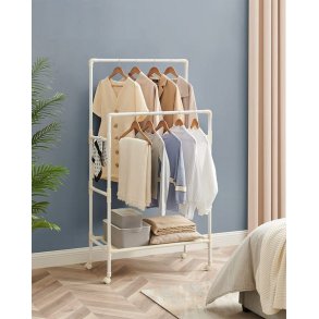 Tjstativ med hjul, skohylde og dobbelt tjstang - hvid