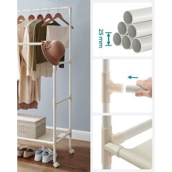 Tjstativ med hjul, skohylde og dobbelt tjstang - hvid