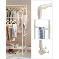 Tjstativ med hjul, skohylde og dobbelt tjstang - hvid