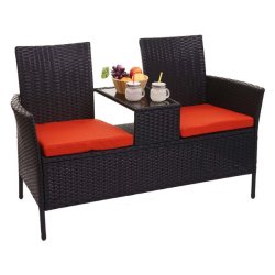 Havebnk til 2 personer med bord - sort polyrattan med orange hynder - 132 cm