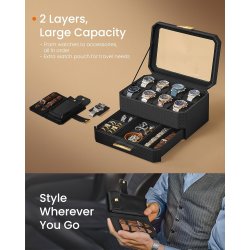 Urkasse med rejseetui i kunstlder - urboks til 8 ure - sort