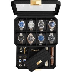 Urkasse med rejseetui i kunstlder - urboks til 8 ure - sort