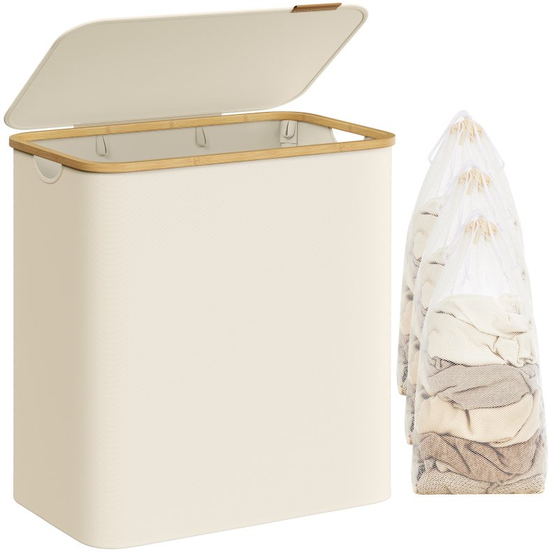 Vasketjskurv med 3 rum - 3 vasketjsposer - 150 liter - creme hvid
