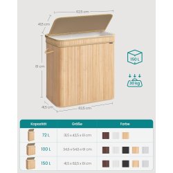 Vasketjskurv i bambus med 3-delt vasketjspose - 150 liter - brun