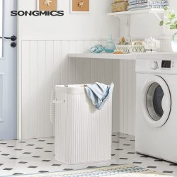 Vasketjskurv i bambus med vasketjspose - 70 liter - hvid