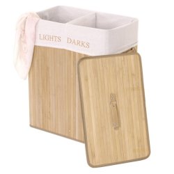 Vasketjskurv i bambus - 2 delt vasketjspose - 100 L - brun