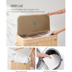 Vasketjskurv i bambus med 3-delt vasketjspose - 150 liter - brun