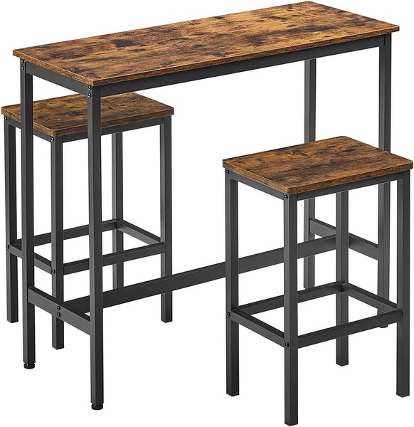 Barbord med 2 skamler - højbord med 2 barstole - rustik brun - Køkkenudstyr - Daily-Living