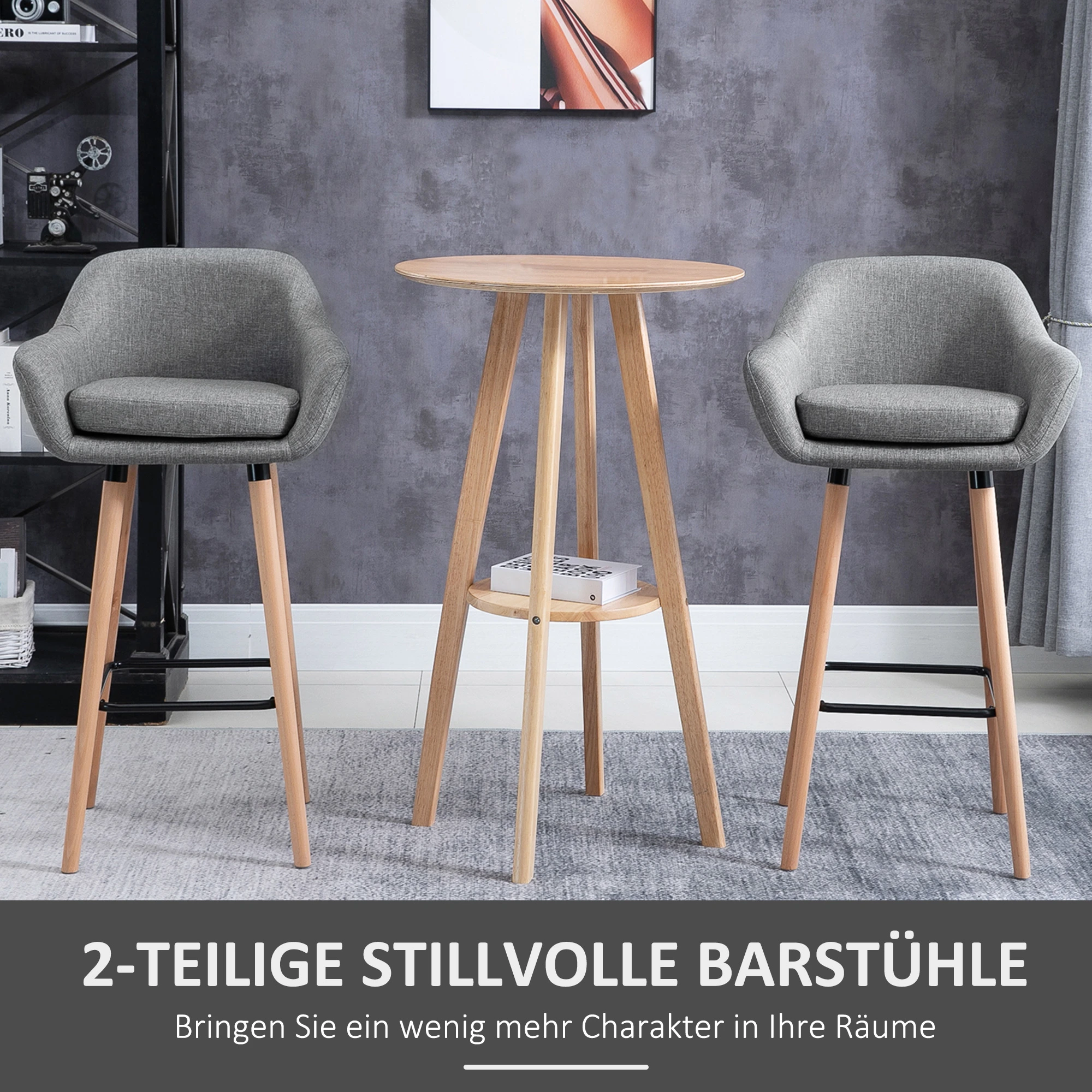 Barstol - 2 barstole med træben, lysegrå stof, armlæn og ryglæn, produktbillede 3 af 24 hos HomeNordic