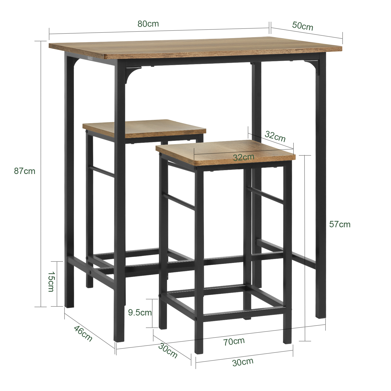 Barbord med skamler, barbordssæt, brun træ look 80x50x87, produktbillede 2 af 8, Barborde hos HomeNordic