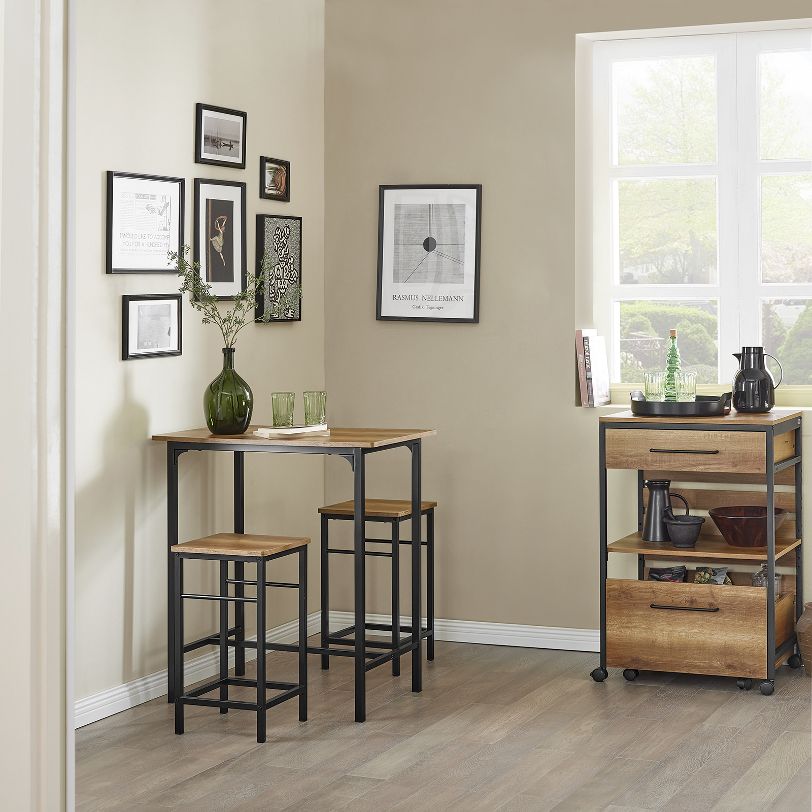 Barbord med skamler, barbordssæt, brun træ look 80x50x87, produktbillede 8 af 8, Barborde hos HomeNordic