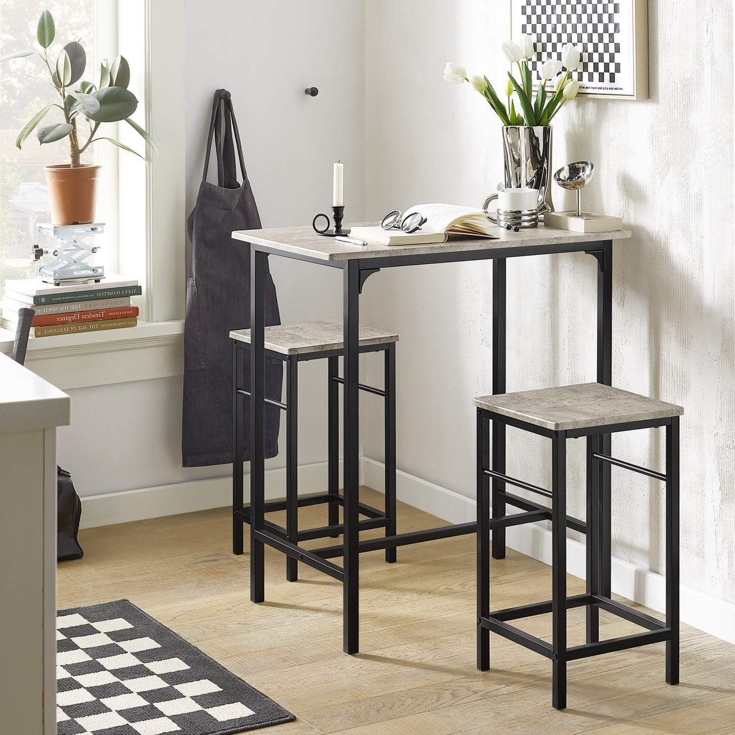 Barbord med skamler, barbordssæt, grå beton look 80x50x87, produktbillede 3 af 10, Barborde hos HomeNordic