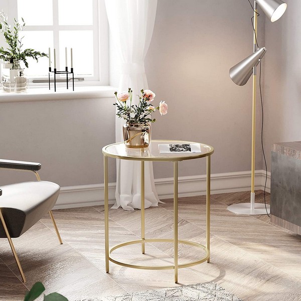 Sidebord - rundt sofabord med hærdet glas og gyldent stel - Ø50 - Borde > Sideborde - Daily-Living