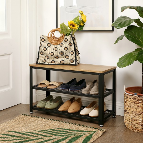 Billede af Skobænk med 2 trådhylder - siddebænk med skohylder - lysebrun - Entremøbler og garderobe > Bænke - entremøbler - Daily-Living