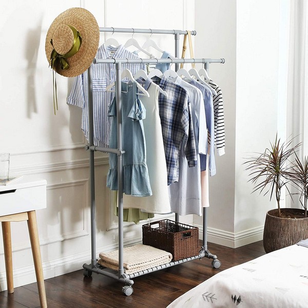 Billede af Tøjstativ med dobbelt bøjlestang og skohylde - justerbart grå - Entremøbler og garderobe > Knagerækker og garderobe - Daily-Living
